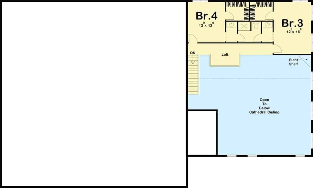 Second level floor plan with two additional bedrooms and a loft.