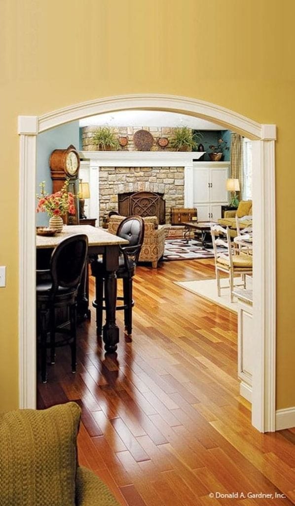 The open archway leads to the family room and breakfast nook.
