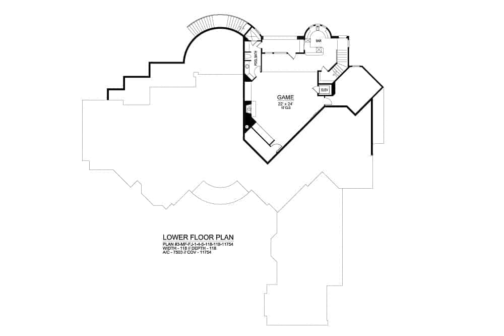 Lower level floor plan with a spacious game room, a pool bath, and a bar.