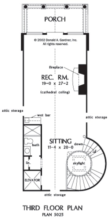 Third level floor plan with bathroom, recreation room, and sitting area complete with a wet bar and balcony.
