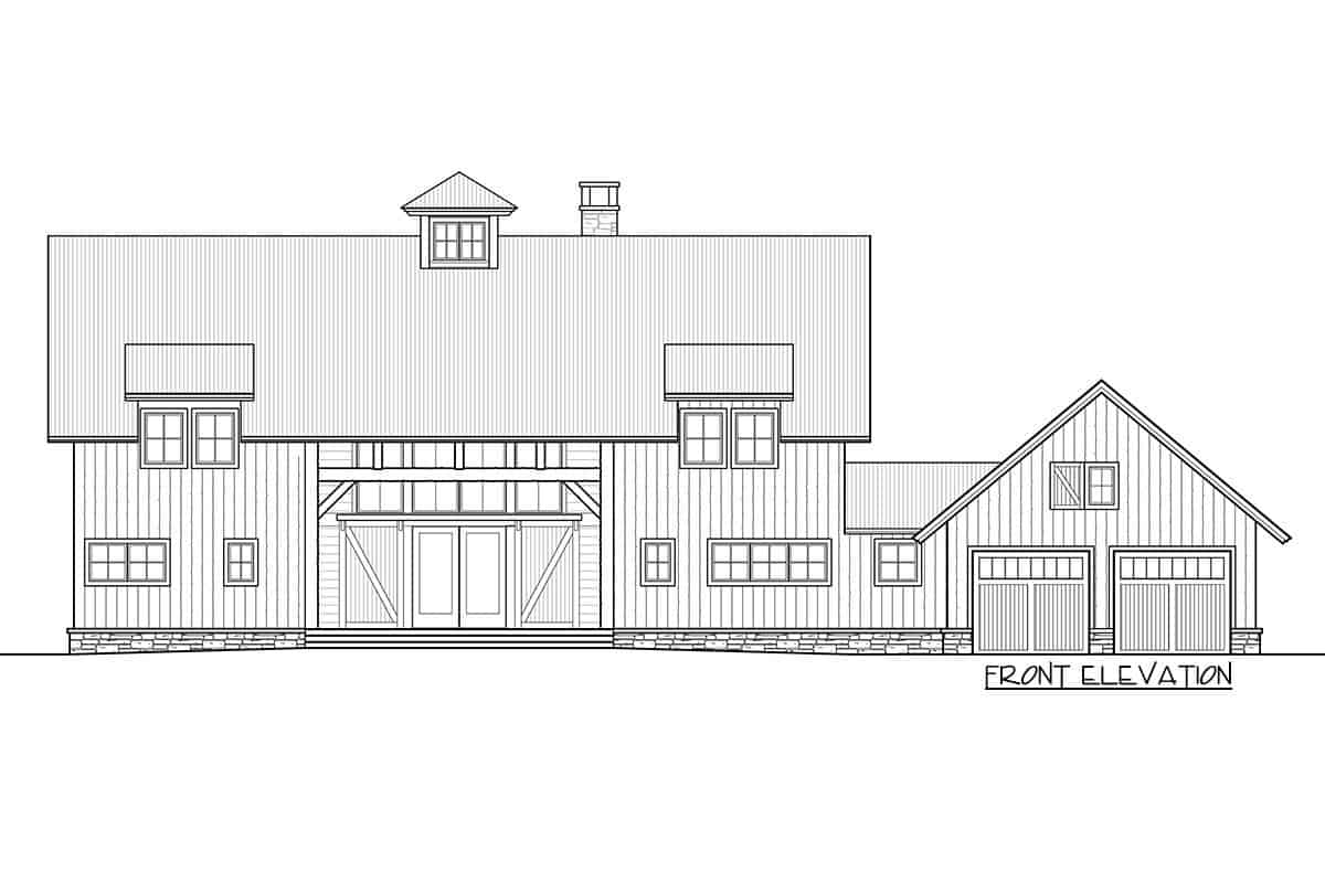 Front elevation sketch of the two-story 3-bedroom farmhouse.