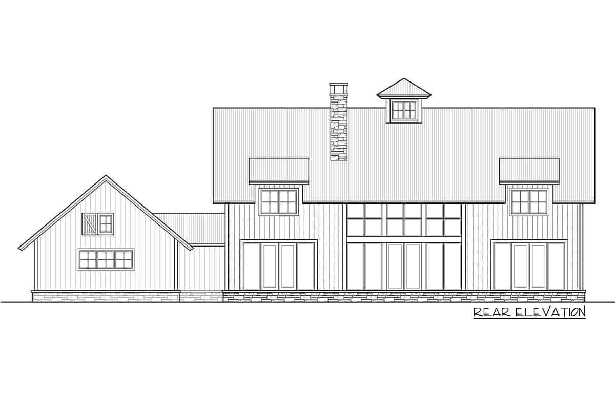 Rear elevation sketch of the two-story 3-bedroom farmhouse.