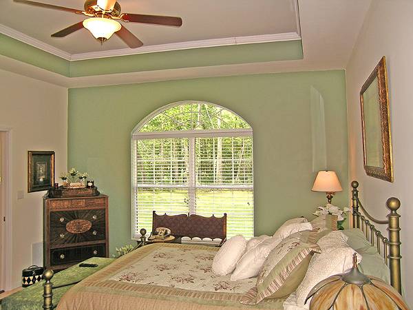Primary bedroom with a mint green accent wall, an arched window, and a tray ceiling mounted with a warm fan.