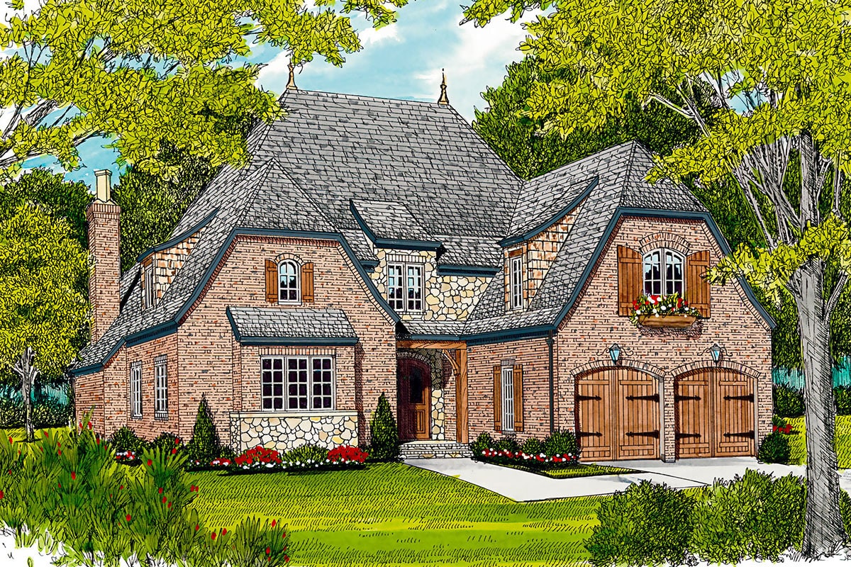 Front perspective sketch of the two-story Tudor home.