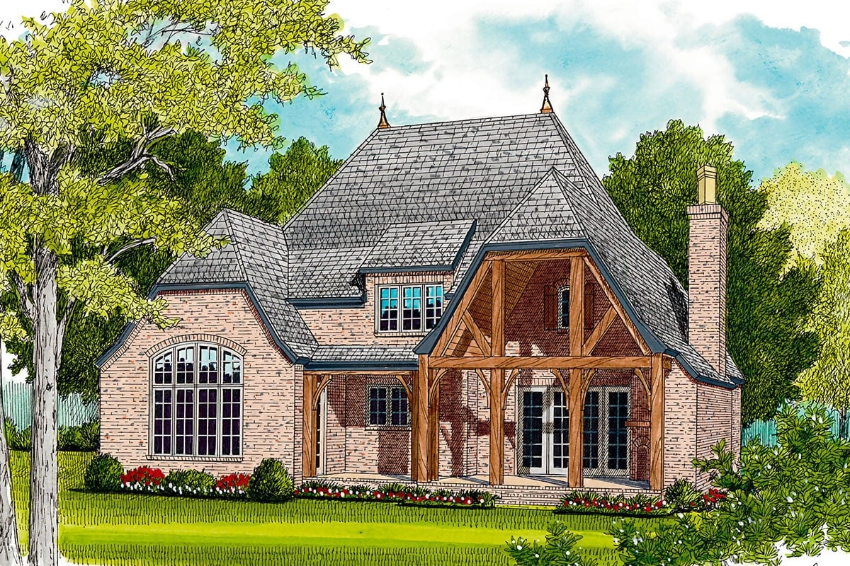 Rear perspective sketch of the two-story Tudor home.