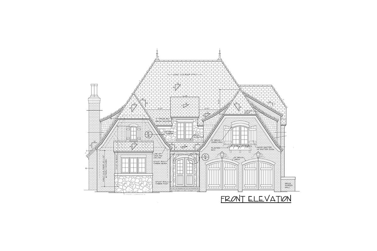 Front elevation sketch of the two-story Tudor home.