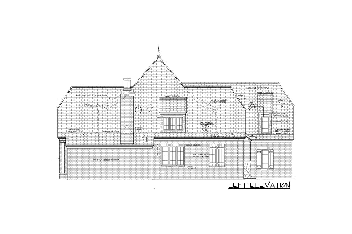 Left elevation sketch of the two-story Tudor home.