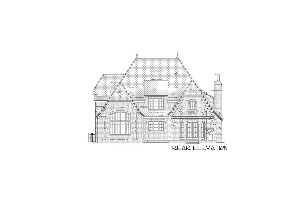 Rear elevation sketch of the two-story Tudor home.