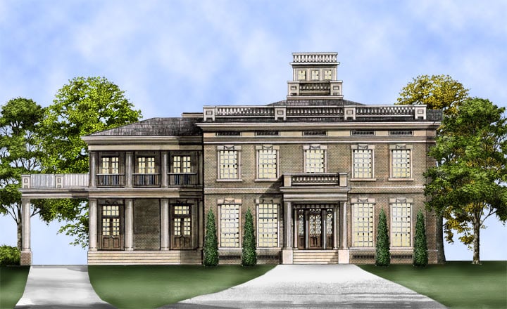 Front rendering of the two-story English house.