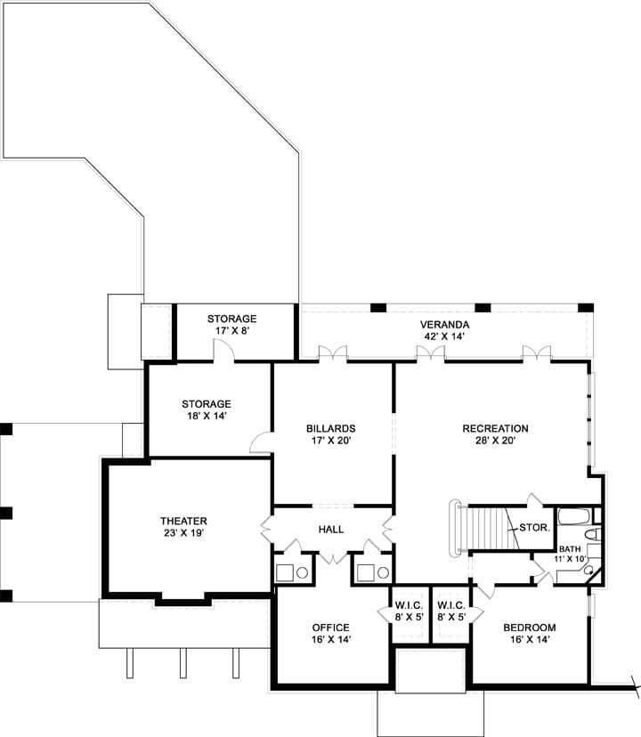 Basement floor plan with theater, office, another bedroom, a recreation room with billiards area, and lots of storage space.