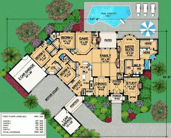 Main level floor plan of a single-story 4-bedroom Tudor home with study, formal dining room, family room, game room, and four bedrooms including the primary suite with his and her bathrooms.