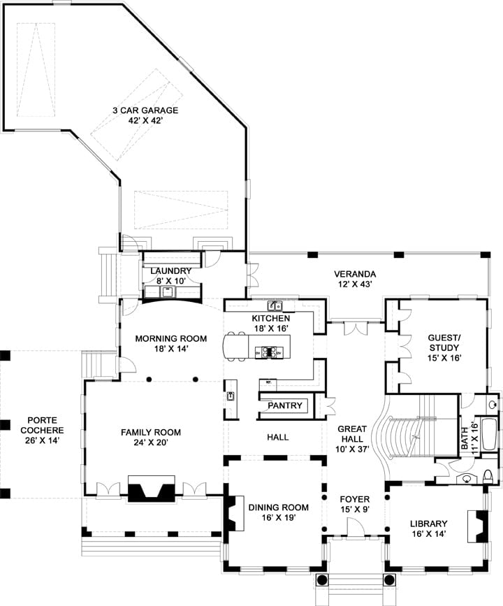 Main level floor plan of a 4-bedroom two-story English house with a library, formal dining room, great hall, family room, guest suite/study, and a kitchen with walk-in pantry and a morning room.