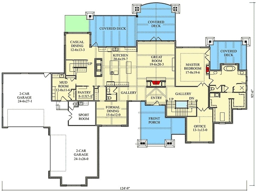 Main level floor plan of a 4-bedroom two-story mountain home with a great room kitchen, formal dining room, casual dining, office, and a primary suite with private rear deck access.