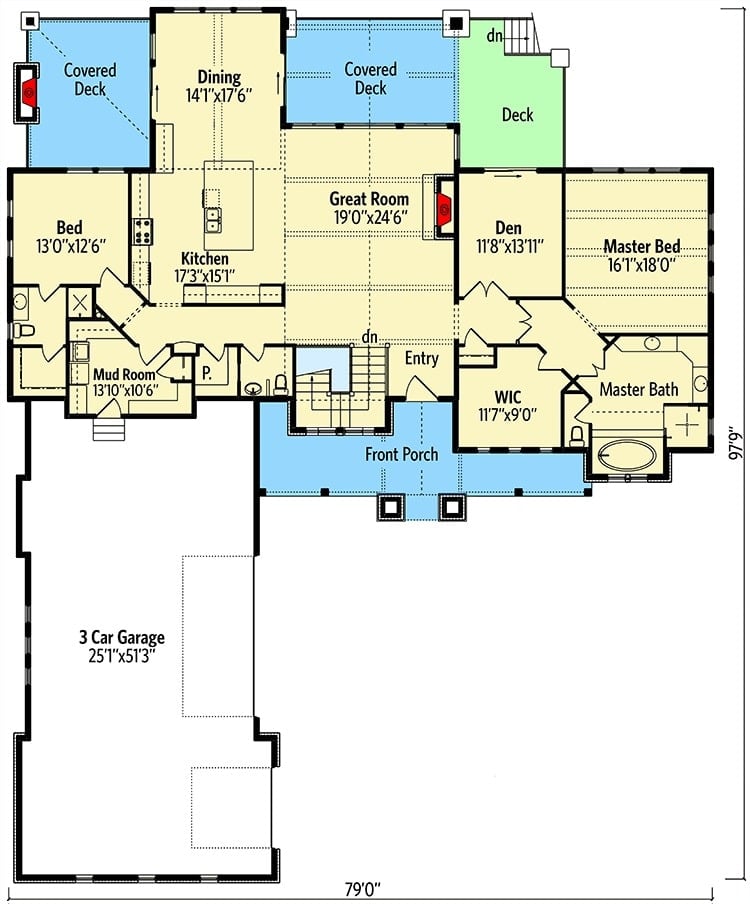 Main level floor plan of a single-story 5-bedroom new American home with front porch, great room, kitchen, mudroom, den, dining room, two bedrooms including the primary suite, and covered rear decks.