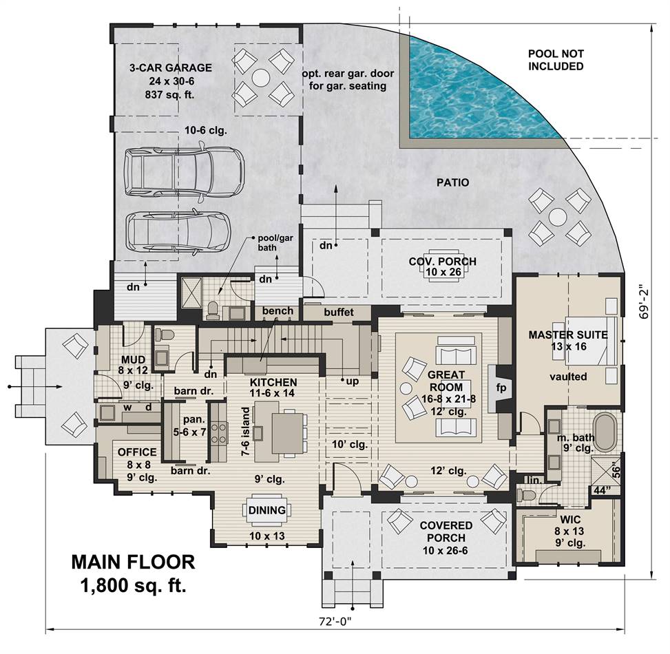 Main level floor plan of a two-story 4-bedroom farmhouse with a covered front porch, great room, shared dining and kitchen, office, and a primary suite with patio access.