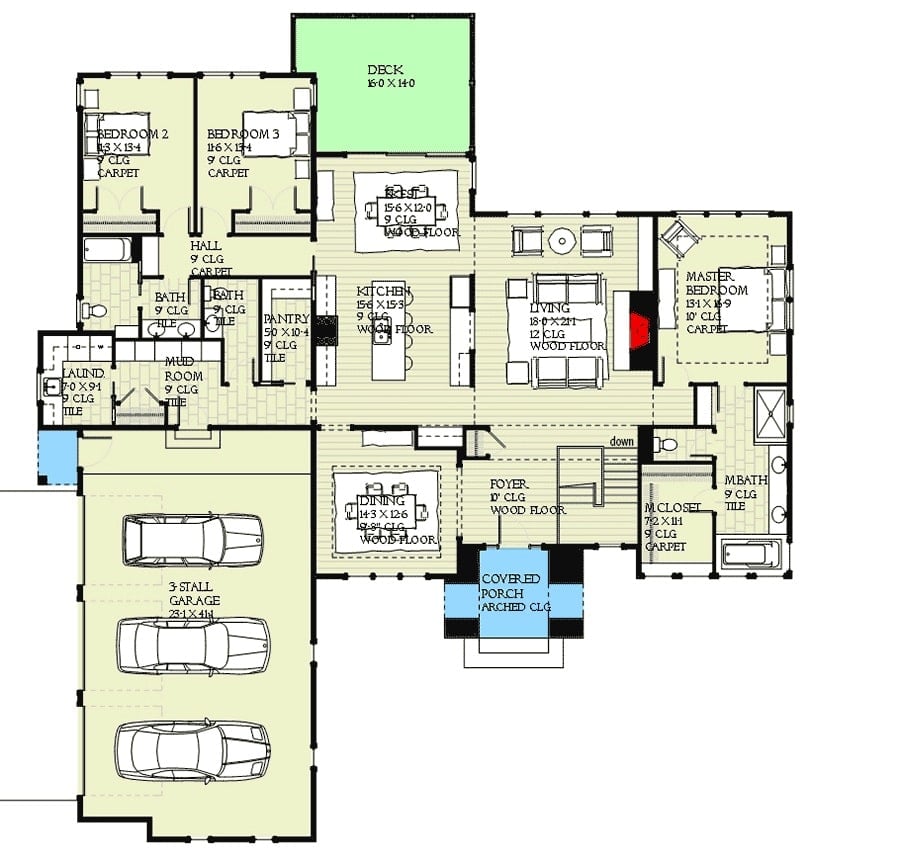 Main level floor plan of a single-story 5-bedroom Tudor home with living room, formal dining room, a primary suite, two bedrooms, and a kitchen with walk-in pantry and a breakfast nook.