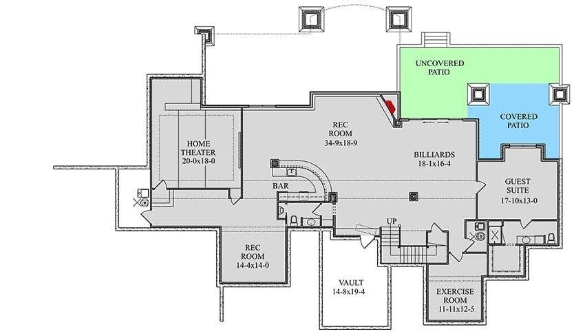 Optional lower level floor plan with home theater, exercise room, guest suite, and a large rec room with billiards and a bar.