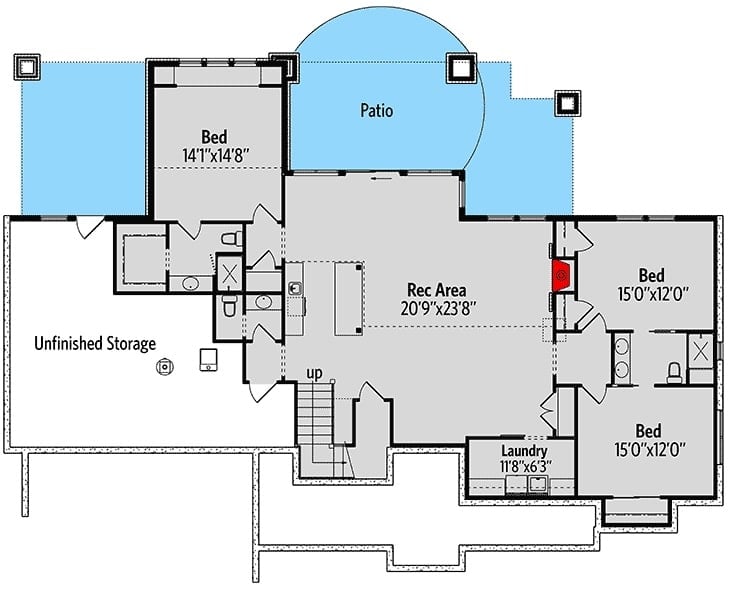 Optional lower level floor plan with three additional bedrooms, laundry, and a large recreation room warmed by a fireplace.