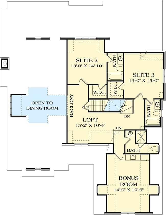Second level floor plan with loft, two bedrooms suites, and a bonus room with a bath nearby.