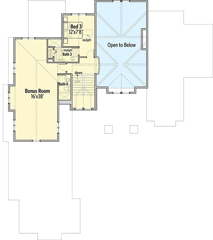Second level floor plan with an additional bedroom and a large bonus room.