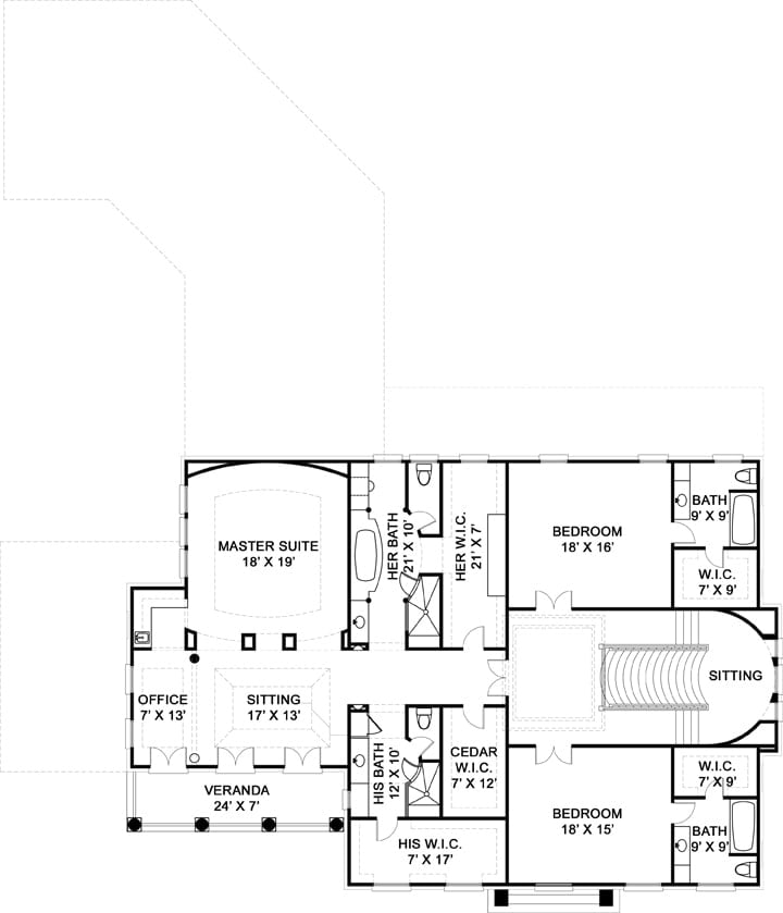 Second level floor plan with two bedrooms flanking the sitting area and a large primary suite with separate his and her baths and closets, a sitting area, office, and a private veranda.