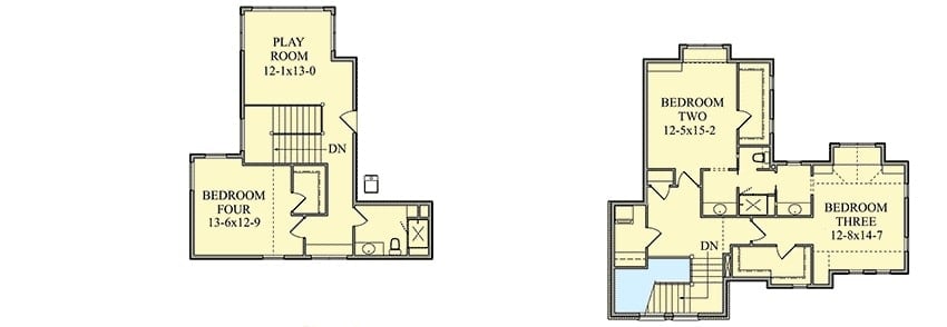 Second level floor plan with three bedrooms, two baths, and a playroom.