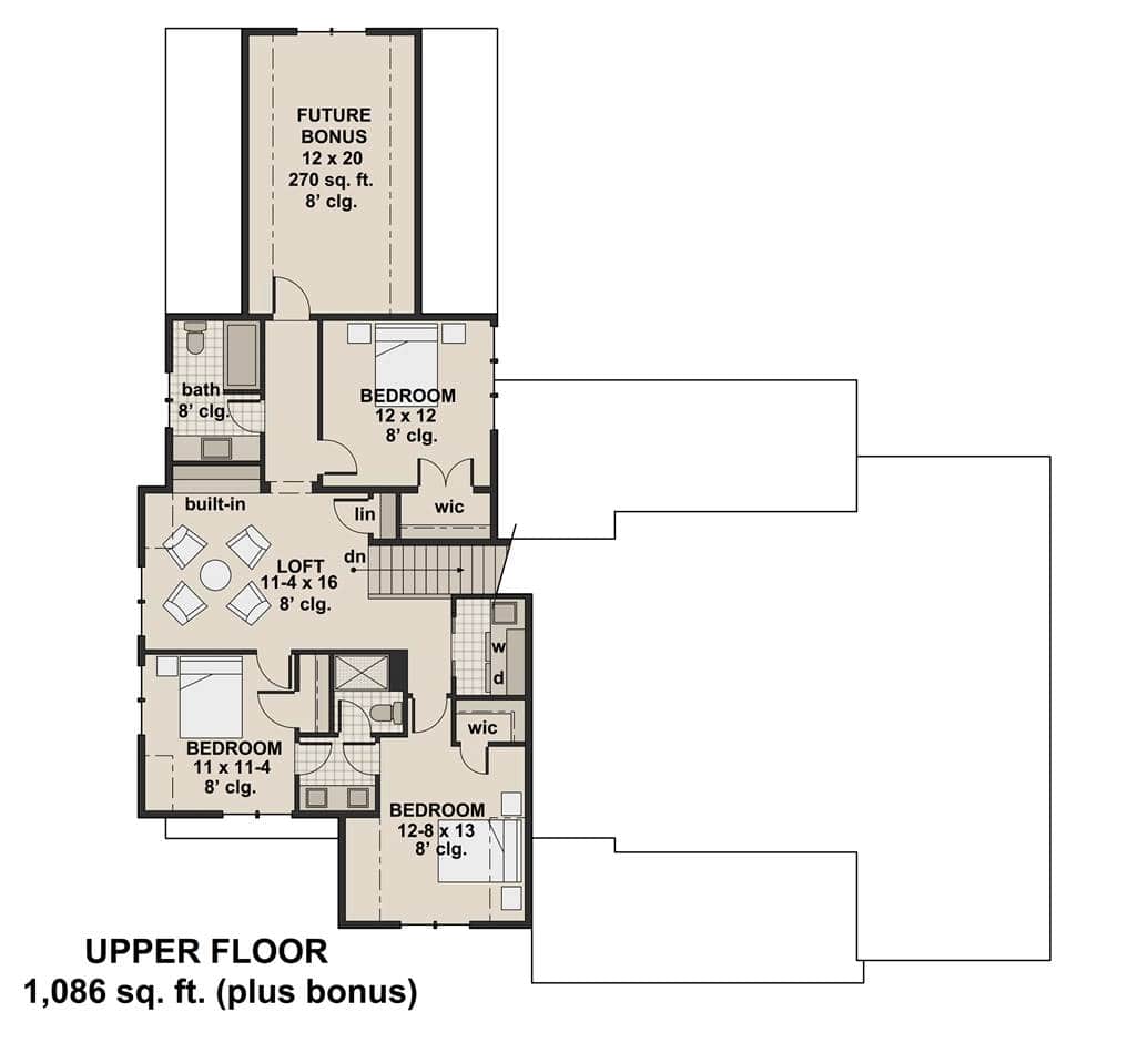 Second level floor plan with three bedrooms and a large future bonus room.