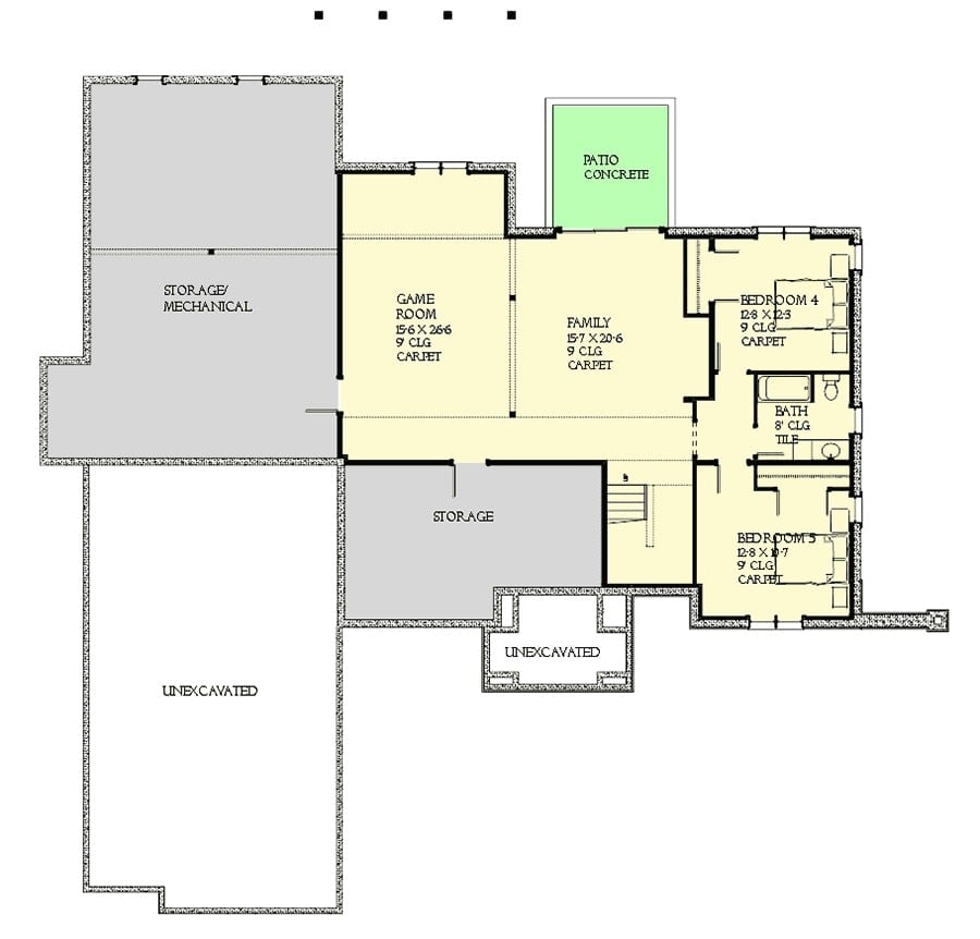 Lower level floor plan with two additional bedrooms, family and game rooms, and plenty of storage space.