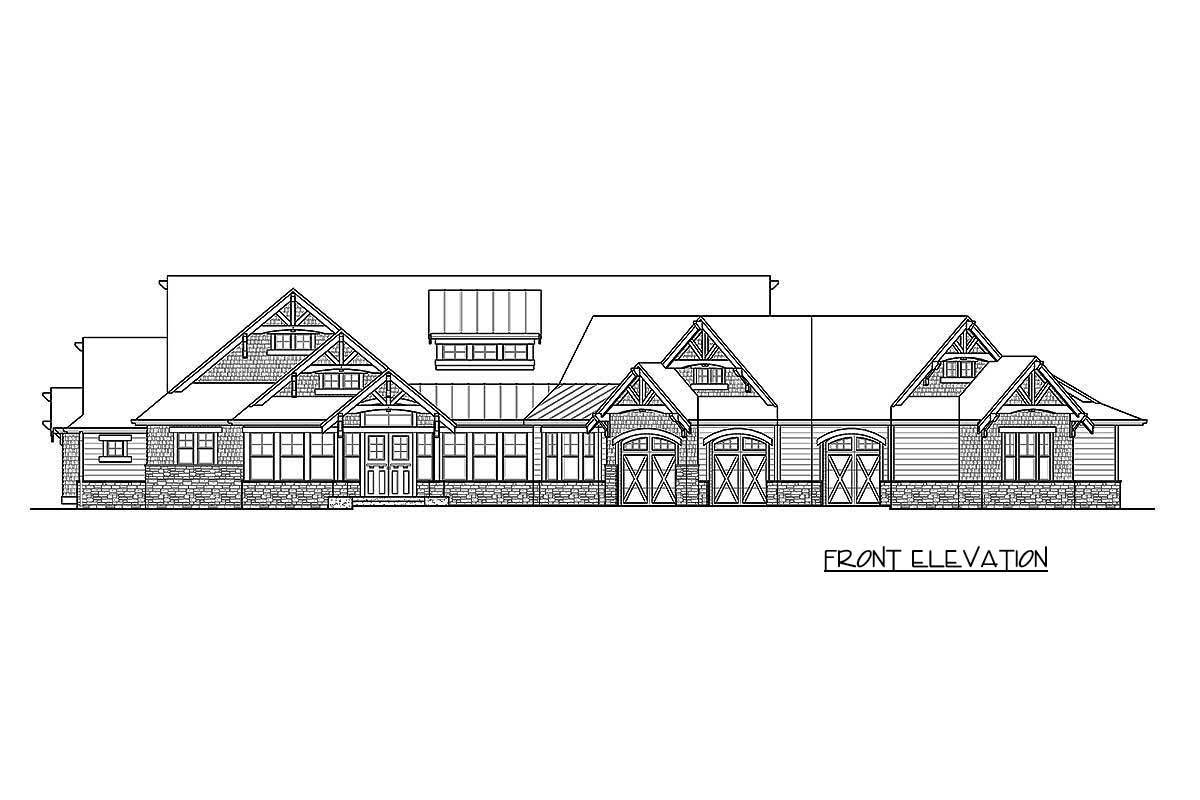 Front elevation sketch of the single-story 4-bedroom craftsman home.