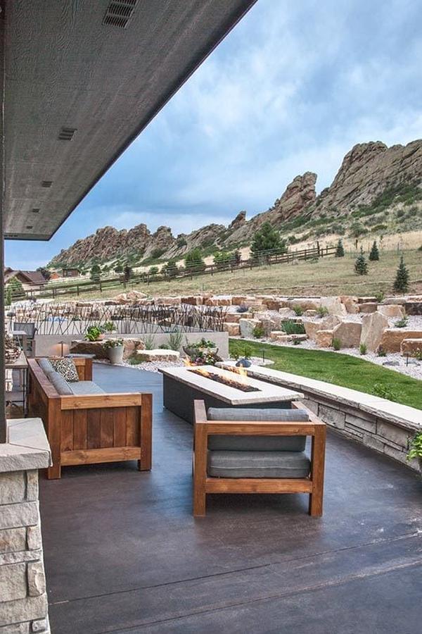 The covered lanai has a fire pit seating overlooking the magnificent surrounding.