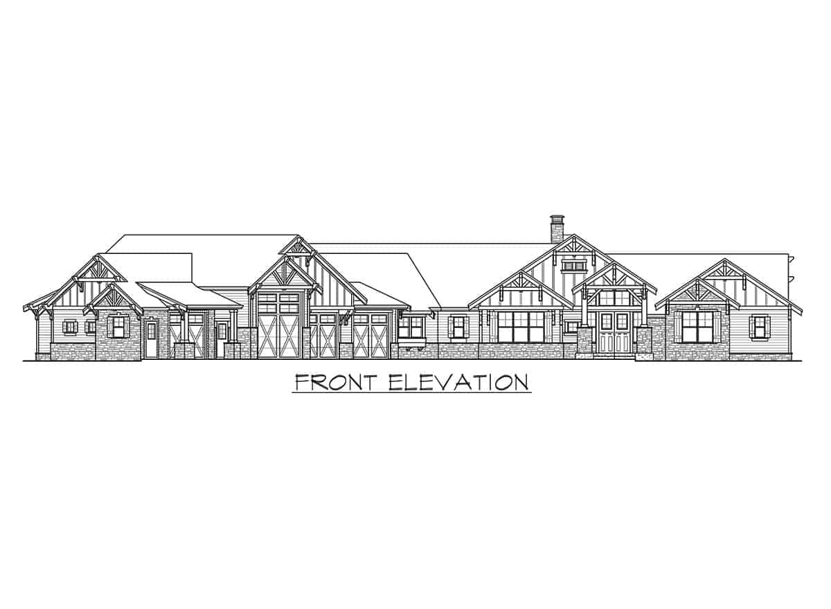 Front elevation sketch of the single-story mountain ranch home.