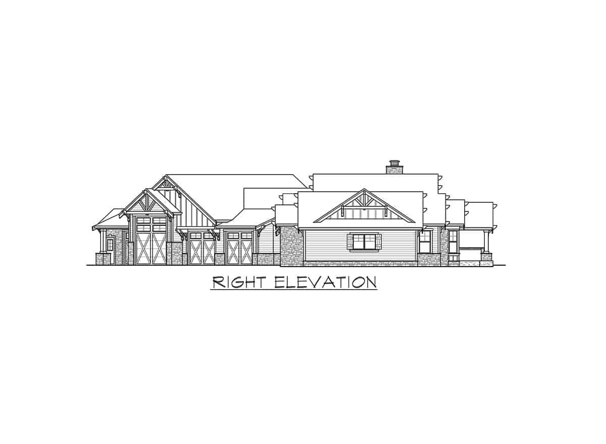 Right elevation sketch of the single-story mountain ranch home.
