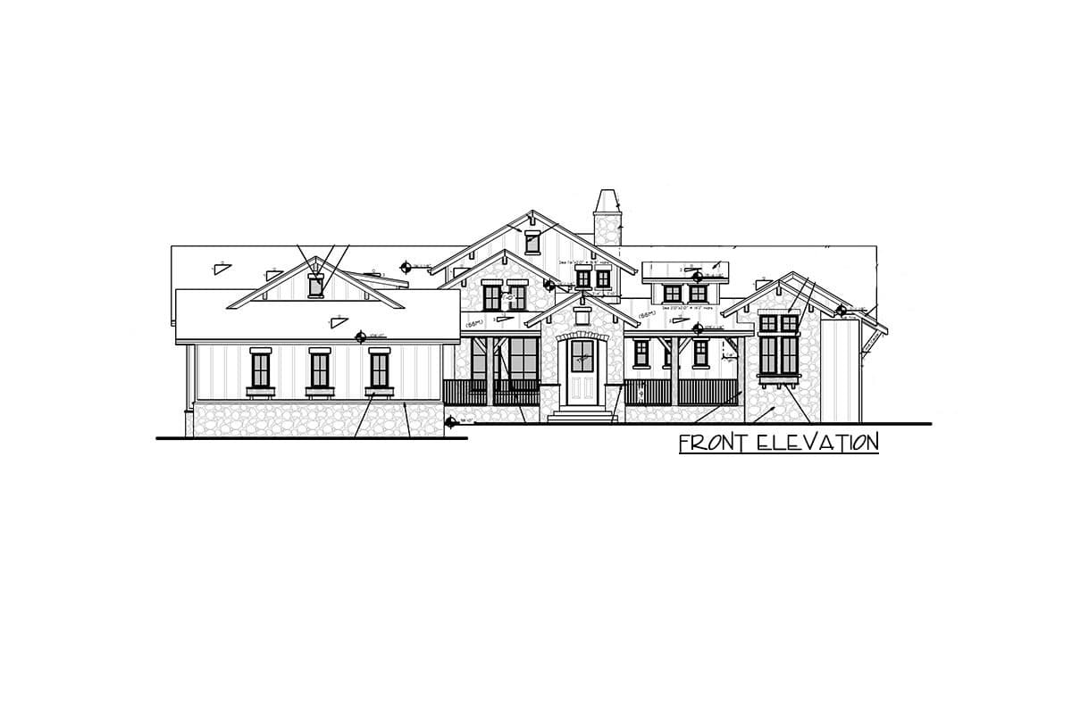 Front elevation sketch of the single-story 5-bedroom new American home.