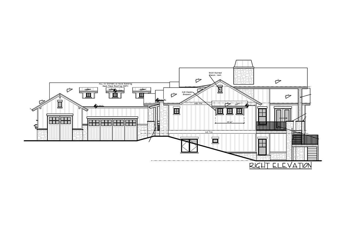 Right elevation sketch of the single-story 5-bedroom new American home.