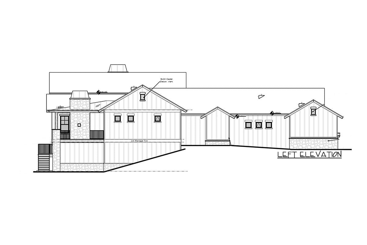 Left elevation sketch of the single-story 5-bedroom new American home.