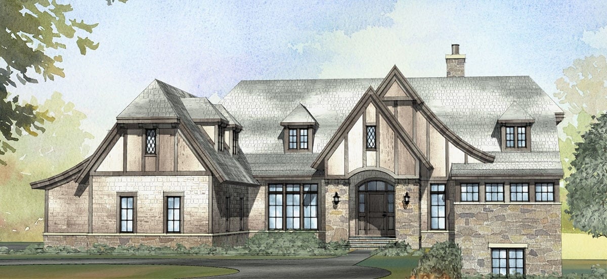 Computer rendering of the single-story Tudor home.