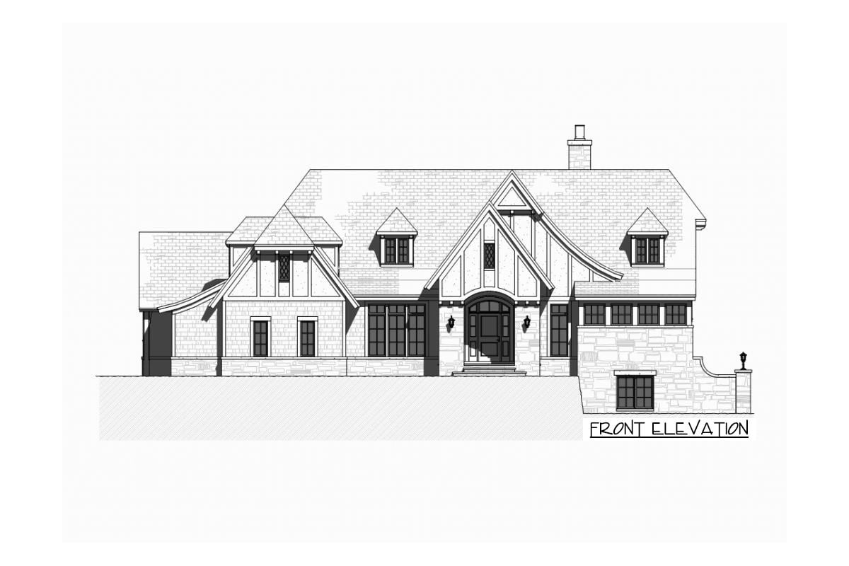 Front elevation sketch of the single-story 5-bedroom Tudor home.
