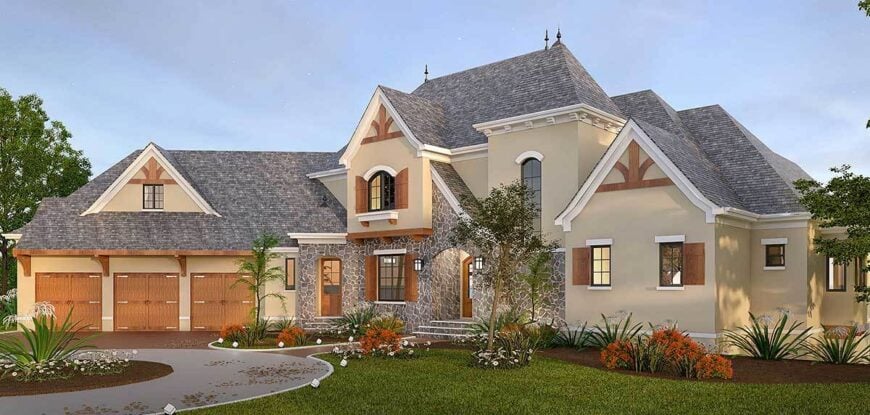 Home's front exterior view with decorative wood trims, stone accents, a covered entry, and an angled garage with wooden double doors.
