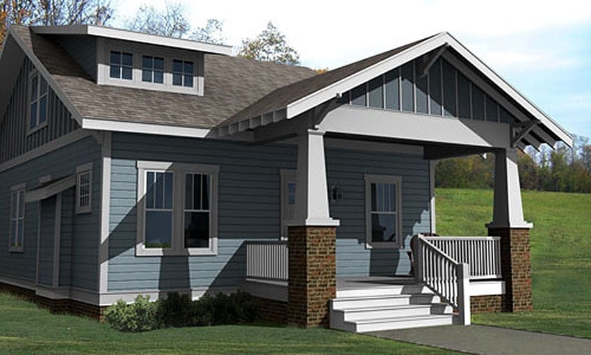 An expansive lush lawn surrounds the two-story bungalow home.