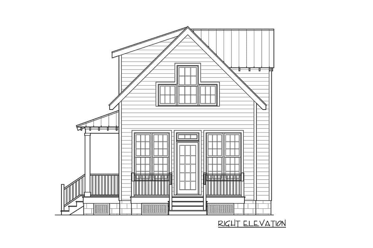 Right elevation sketch of the 3-bedroom two-story cottage home.