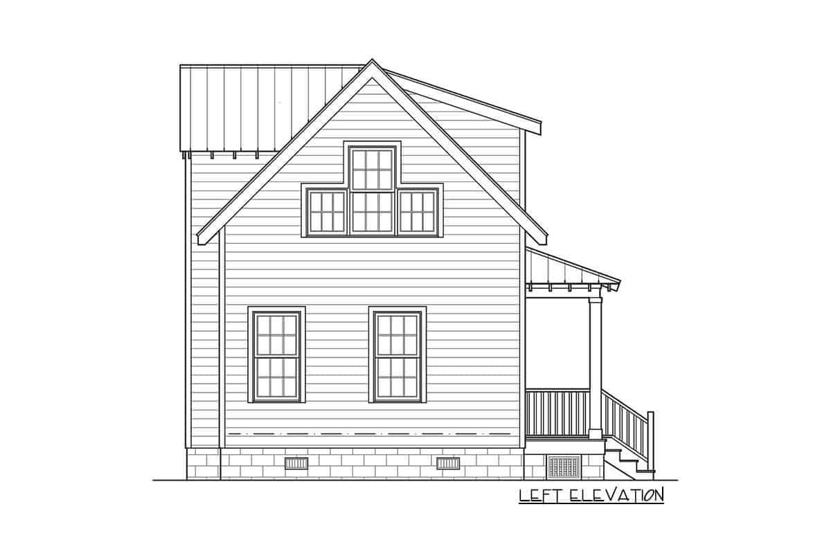 Left elevation sketch of the 3-bedroom two-story cottage home.