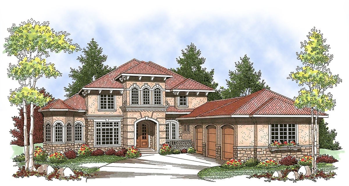 Perspective sketch of the 4-bedroom two-story Tuscan home.