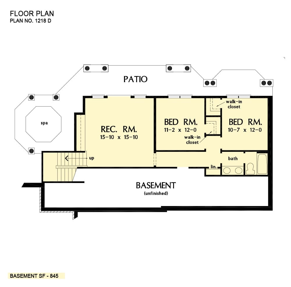 Basement floor plan with two bedrooms sharing a bath and a large recreation room with patio access.
