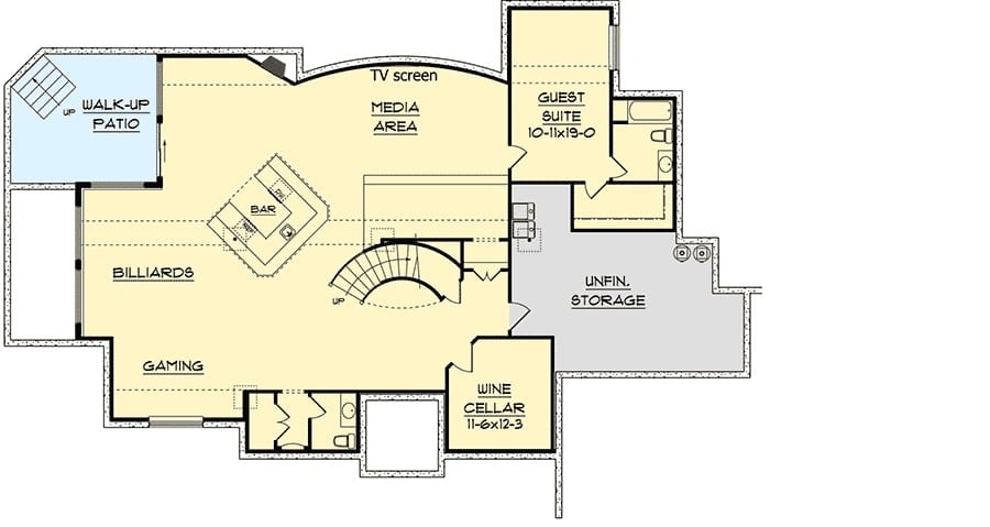 Basement floor plan with a guest suite, wine cellar, media room, and a game room complete with billiards and a wet bar.