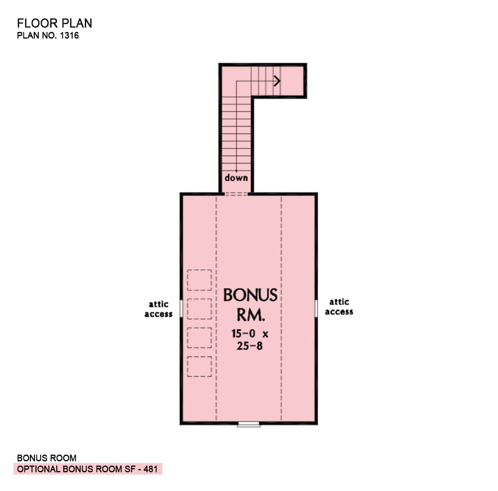 Bonus room floor plan with attic access and a series of skylights.