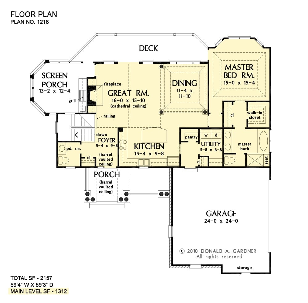 Main level floor plan of a 3-bedroom two-story The Whitcomb home with front porch, foyer, kitchen, dining area, primary bedroom, utility, and great room that opens out to the deck and screened porch.