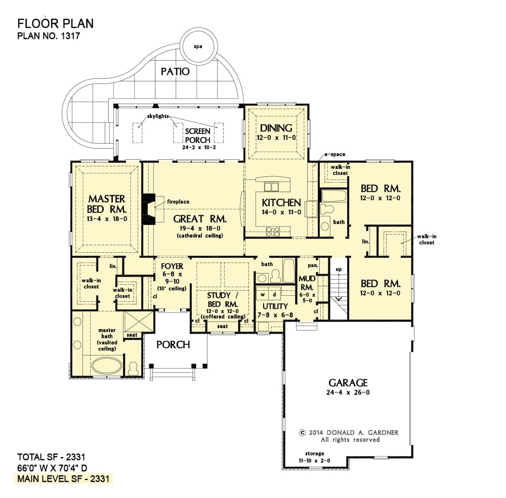 Main level floor plan of a 4-bedroom single-story The Mayfair Home with great room, shared dining and kitchen, study/bedroom, utility room, two bedrooms, and a primary suite with screened porch access.