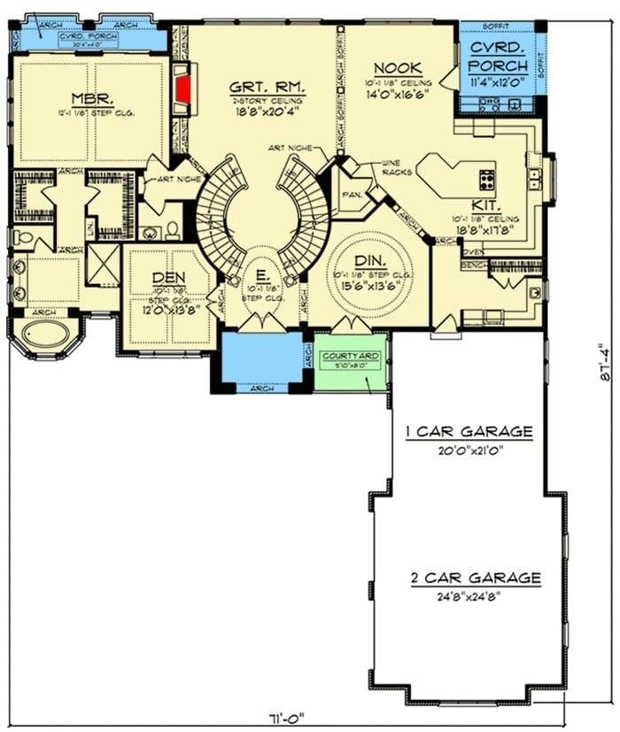 Main level floor plan of a 4-bedroom two-story Tuscan home with a courtyard, a rotunda foyer, utility, great room, a den, primary suite, formal dining room, and a kitchen with a walk-in pantry and a breakfast nook that opens to the covered porch.
