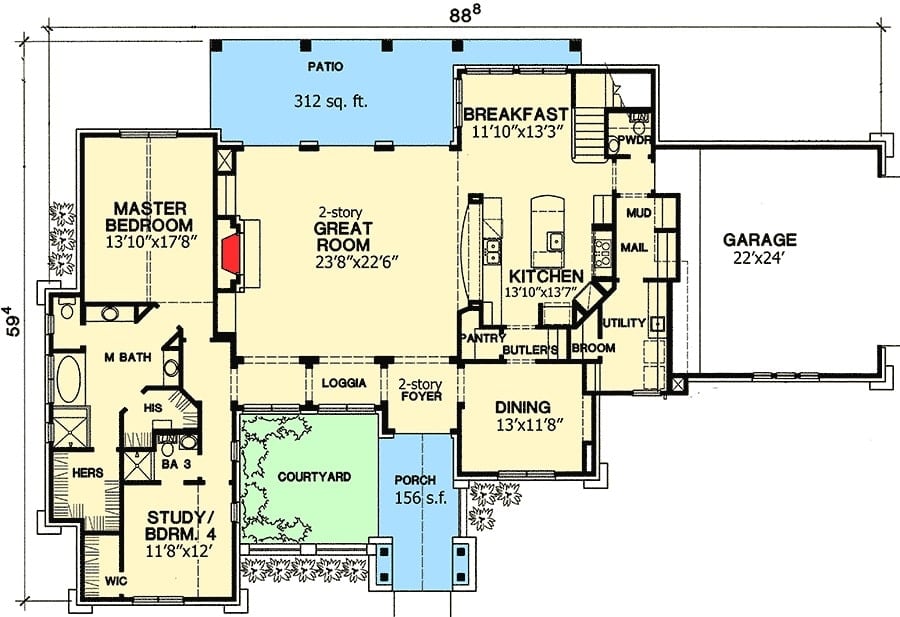 Main level floor plan of a two-story 4-bedroom courtyard cottage with a front porch, great room, primary suite, study/bedroom, utility room, formal dining room, and kitchen with butler's pantry and breakfast nook that looks out to the rear patio.