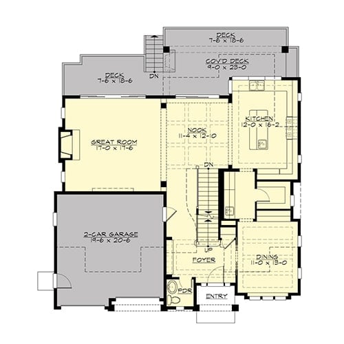 Main level floor plan of a two-story 4-bedroom Gilroy home with a two-car garage, great room, formal dining room, and kitchen with breakfast nook that leads out to the covered deck.